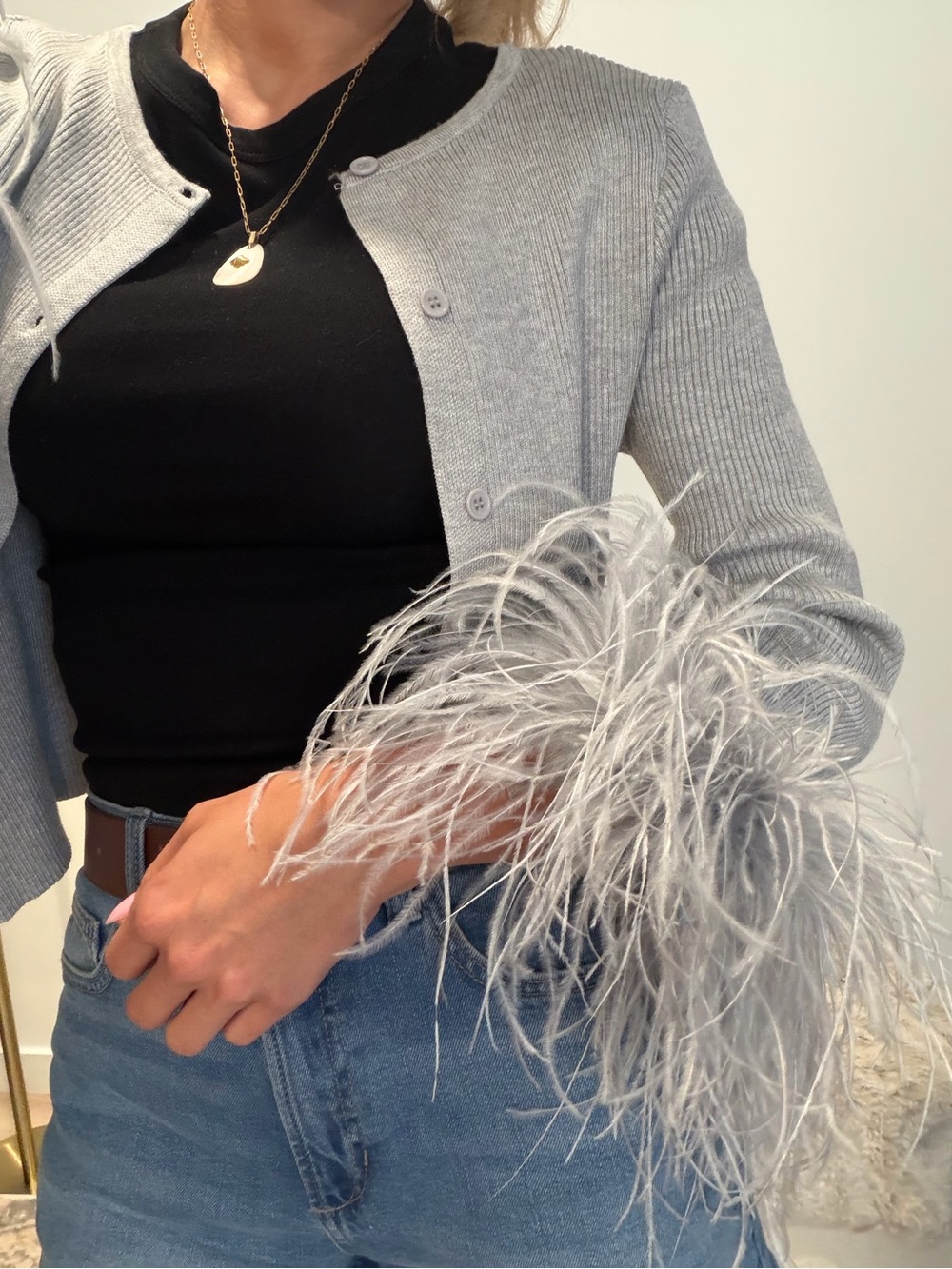 MILKWHITE Feather-Trim Ribbed Cardigan Sweater in Light Gray - Picture 3 of 3
